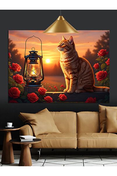 Artmeg Lampă cu trandafiri roșii și pânză decorativă cu pisică - Tablou din l...