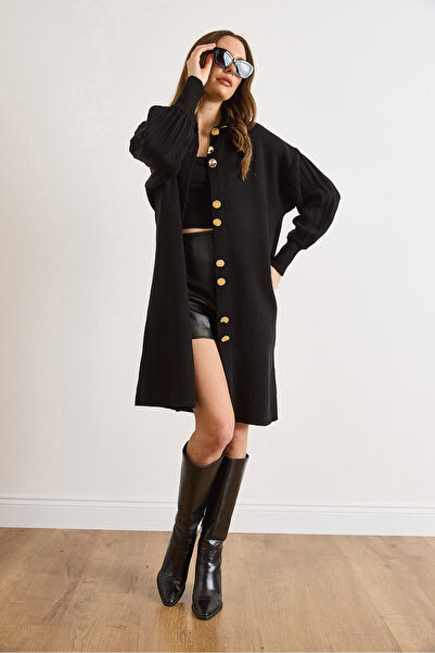 Olalook Women's Black Button Detailed Coat Cardigan Hrk-19000445