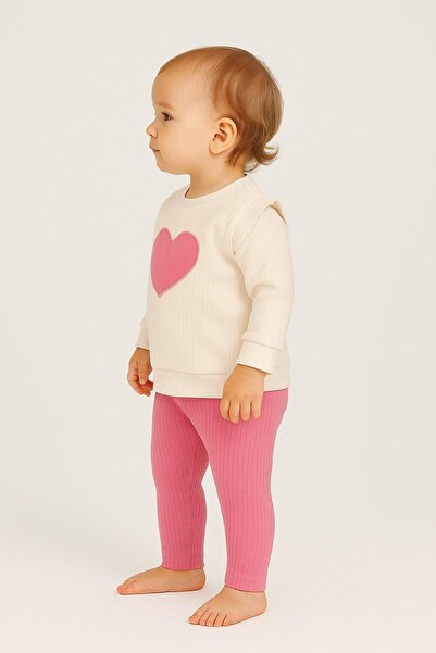 dinamik çocuk Baby Girl Heart Patterned Sleeve Detailed 2-Piece Top and Bottom Sweat and Sweatpants Set 3-6-9-12 Months