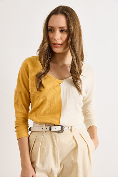 Olalook Women's Mustard Ecru Blocky Fleece-Lined Casual Blouse Blz-19002519