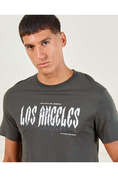 REDTAG Men Charcoal Basic Graphic T-shirt