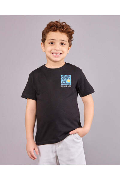 REDTAG Boys Junior Black Printed Short Sleeve T-Shirt