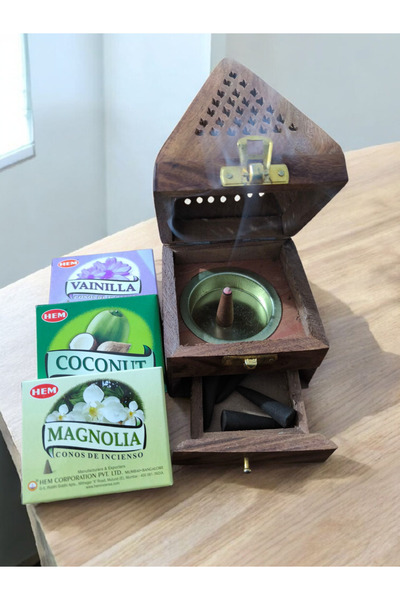 BikutuDaha Ahşap Konik Tütsülük Koku Seti Büyük Boy Çekmeceli 3'lü Koku