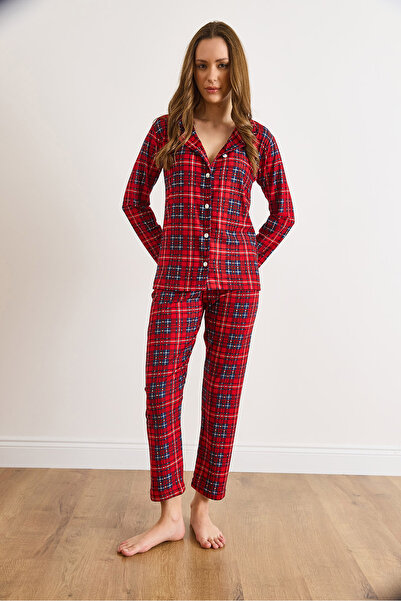 Olalook Women's Navy Blue Red Suede Textured Pajama Set Pjm-00000023