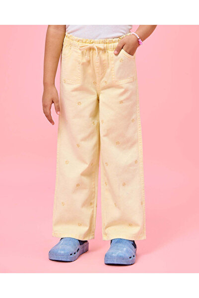 REDTAG Girls Yellow All Over Embroidery Wide leg Trouser
