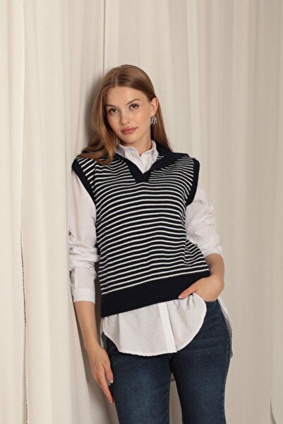 moda paketi Striped Polo Neck Knitwear Sweater