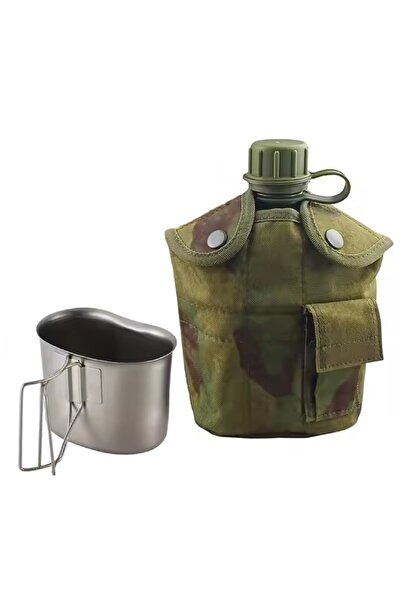 zola Water container, cover and cup included, 1 l, military model, plastic and aluminum, green/brown