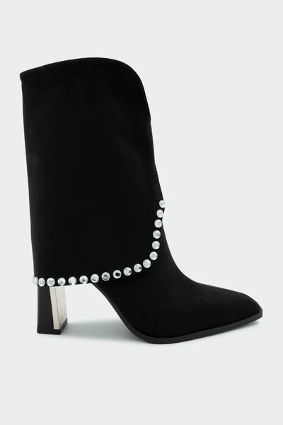 LAMİNTA Samira Μαύρες Γυναικείες Μπότες με Πέτρα με Λεπτομέρεια Τακούνι