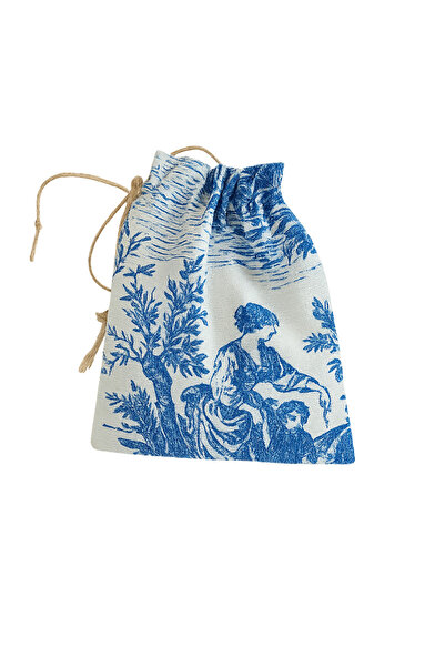 Buemshop French Village Mini Kese 13x18 cm | Mavi Toile de Jouy Keten Jüt İpl...