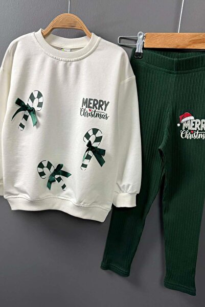 Riccotarz Candy Cane and Christmas Printed on the Girl 2 Drawstring Sweater Corded Fabric Green Tights Set
