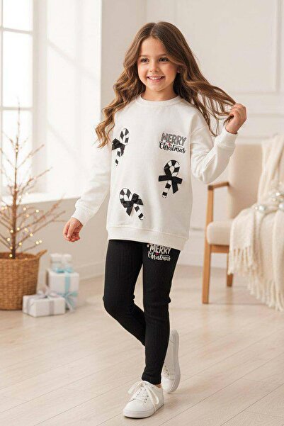 Riccotarz Set of Cane Candy and Christmas Printed on the Girl 2 String Sweater F Corded Fabric Black Leggings