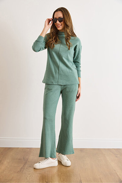 Olalook Women's Green Bottom Pocket Pants Top Mock Neck Blouse Fleece-Lined Set Tkm-19000254