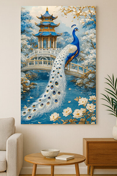 BLT DİZAYN Blue and White Feng Shui Peacock Glass Painting – Abundance Energy Wall Decor
