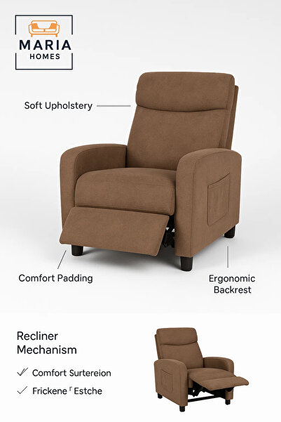 MARIA HOMES Modern Brown Recliner Chair with Footrest – Soft Fabric Relax Chair for Living Room