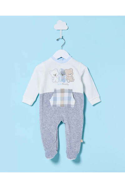 REDTAG Baby White And Grey Velour Sleepsuit