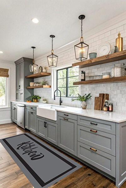 Kessy Home Studio Kitchen Yazılı Mutfak Halısı Dijital Baskı Kaymaz Taban Hal...