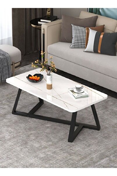 C&C Home Coffee Table Rectangular High-End Sofa Table Marble Table Top with Matt Black Metal Frame