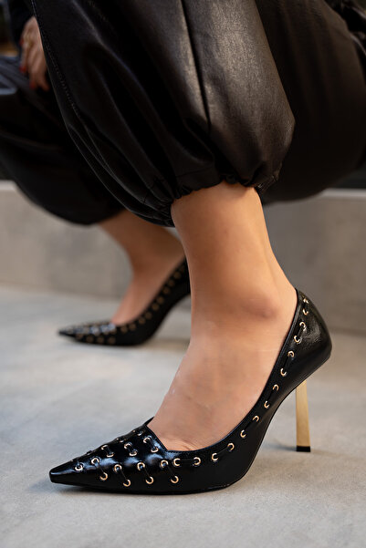 LAMİNTA Elvis Black Leather Women's Studded Detailed Heeled Shoes