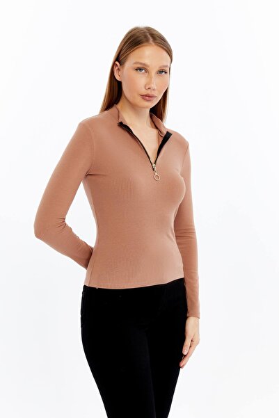 Maison La Femme Women's Long Sleeve Half Zipper Slim Fit Tshirt