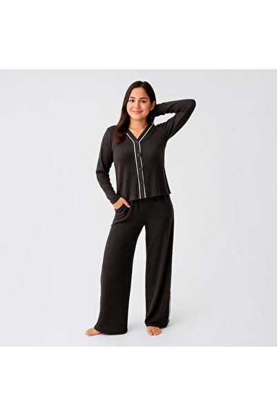 Penelope Softtouch Long Sleeve Soft Textured Knitted Pajama Set - Brownl