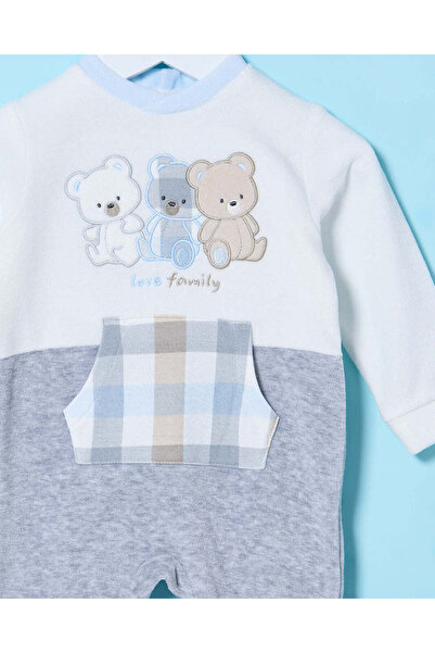 REDTAG Baby White And Grey Velour Sleepsuit