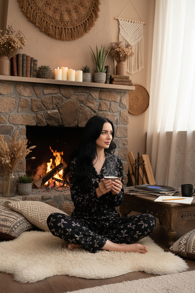 rindahomewear Women's Patterned Milan Knitted Lisbon Buttoned Pajama Set