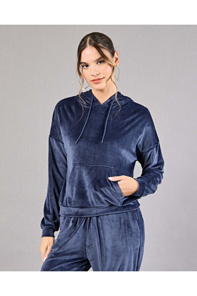 REDTAG Women Navy Hooded Sweatshirt