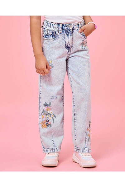 REDTAG Girls Blue Mom Fit Jeans With Embroidery