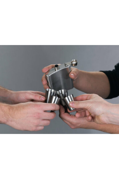 zola Set of pocket metal bottle, straw and 4 glasses in pouch, for drinking, silver, 210 ml