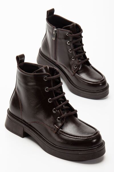 Budi 02-2001 Brown Wrinkled Patent Leather Lace-Up Zippered Casual Women's Boots