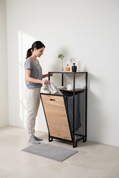 EVLE 2 Raflı Metal Banyo Düzenleyici, Kapaklı Çamaşır Sepeti ve Çok Amaçlı Ra...