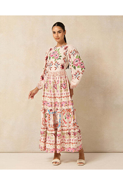 REDTAG Women Pink Floral Placement Printed Tiered Dress