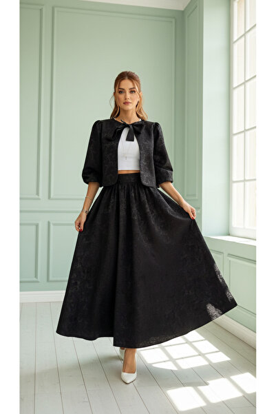 Eight Fashion Women's Black Front Tie Watermelon Sleeve Jacket Black Textured Flared Skirt Set