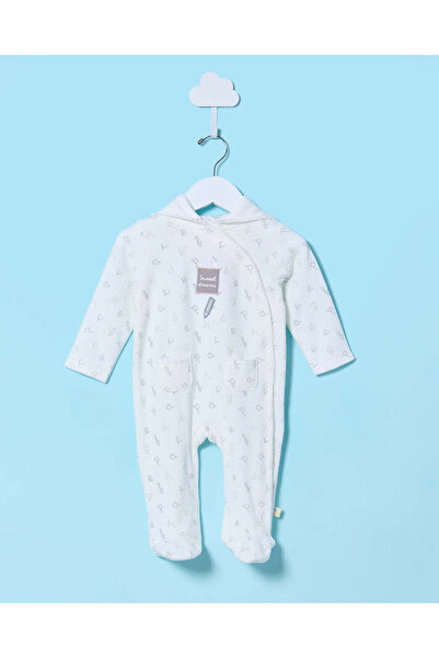 REDTAG Baby White Hooded Velour Sleepsuit