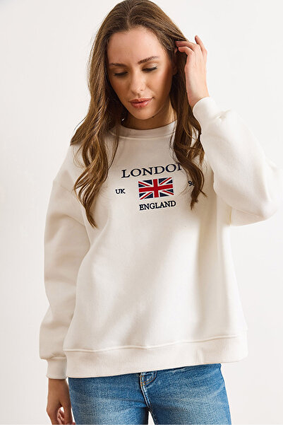 Olalook Women's White London Embroidered Fleece-Lined Thick Sweatshirt Swt-19000785