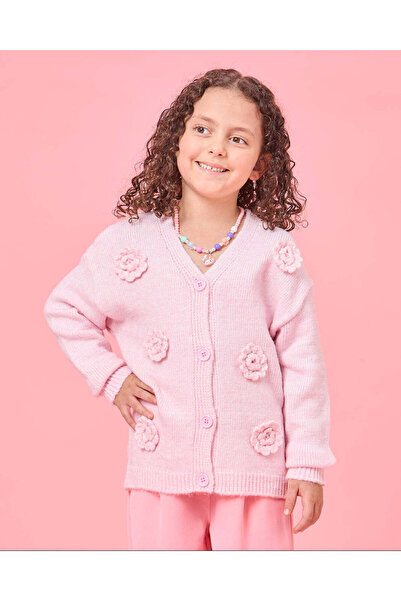REDTAG Girls Pink 3D Flower Button Front Cardigan