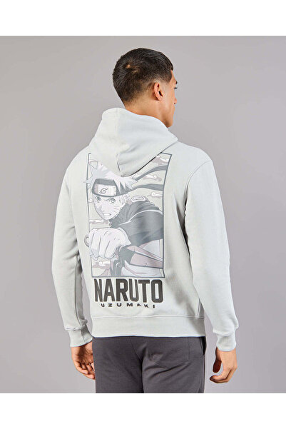 REDTAG Men Grey Naruto Print Hooded Sweatshirt