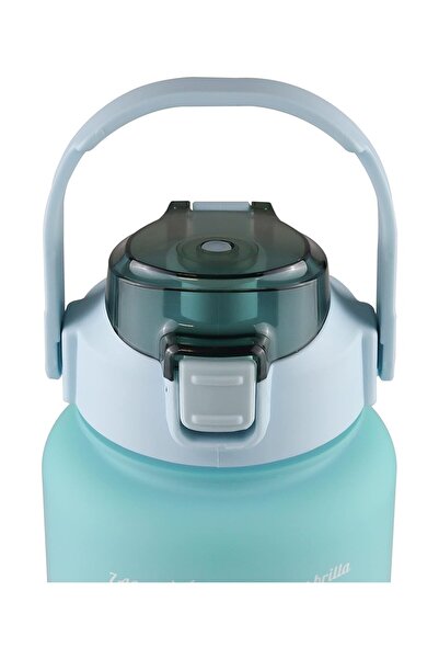 zola 2000 ml water bottle with straw, locking lid, time marker, durable handle, turquoise/moon