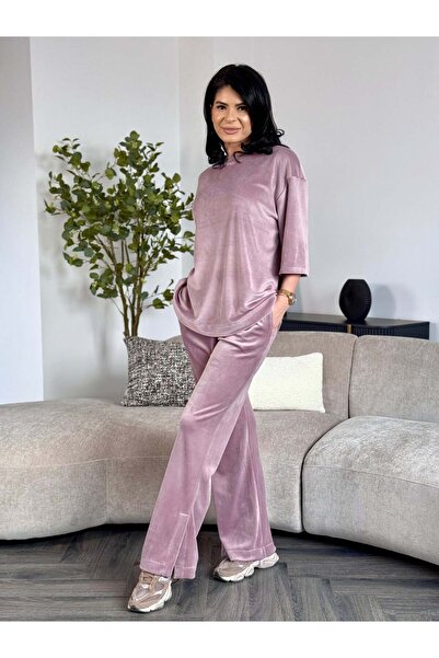 RAMONA BADESCU EXCLUSIVE Trening din catifea fină cu bluză lejeră și pantaloni evazați cu deschidere