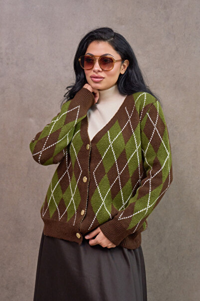 KÜÇÜĞÜM BUTİK Khaki Baklava Patterned Knit Cardigan