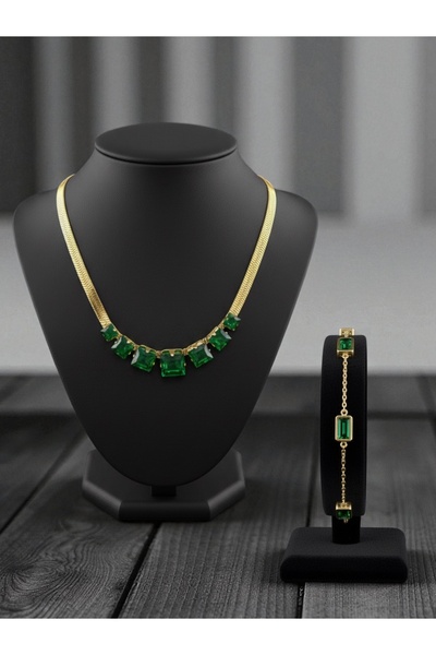 NEW STYLE Stainless steel accessory set (choker size 38 + 6 cm) and bracelet (16 + 5 cm) with royal green zircon, comes in a suitable gift box.