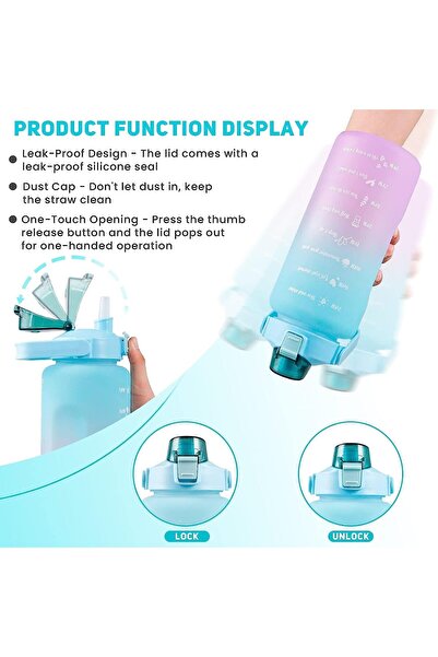 UBX 1500 ml water bottle with straw, 3D stickers, locking lid, time marker, durable handle, turquoise/purple
