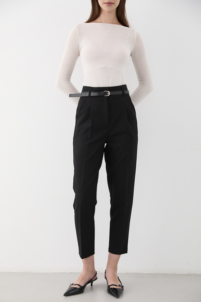 JASTE Women's Black High Waist Pleated Fabric Pants