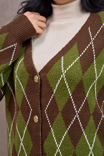 KÜÇÜĞÜM BUTİK Khaki Baklava Patterned Knit Cardigan