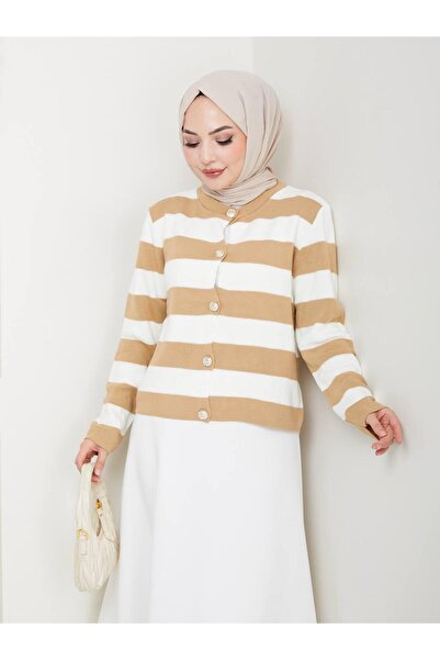 moda paketi Stylish Buttoned Striped Knitwear Cardigan-Suitable for Hijab