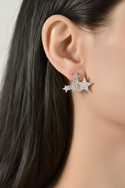 Sose Moda Multi-Star Silver Vip Earrings – Zircon Stone, Sparkling and Screw-Back Design