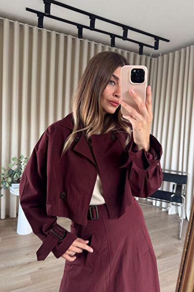 Sue Store Burgundy Belted Skirt Trench Coat Set