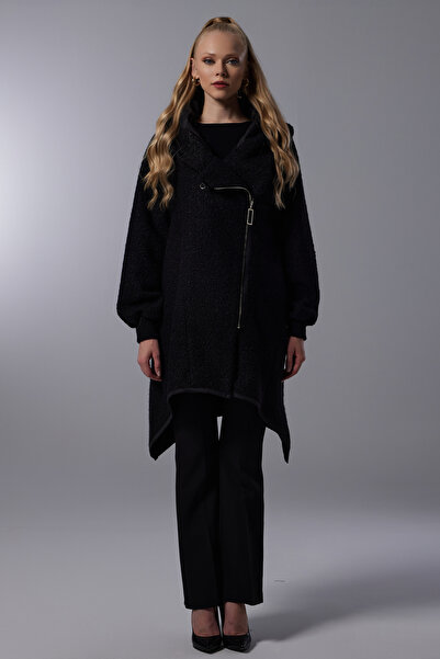 Lila Rose Kapşonlu Ribanalı Peluş Kaban