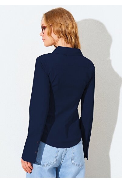 Manche Bel Oturtmalı İspanyol Kol Lİkralı Pamuk Gömlek - Lacivert | MKS161463-01