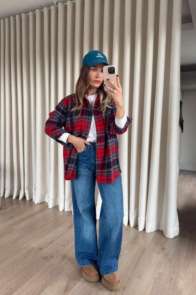 Sue Store Red Navy Blue Plaid Oversized Lumberjack Shirt